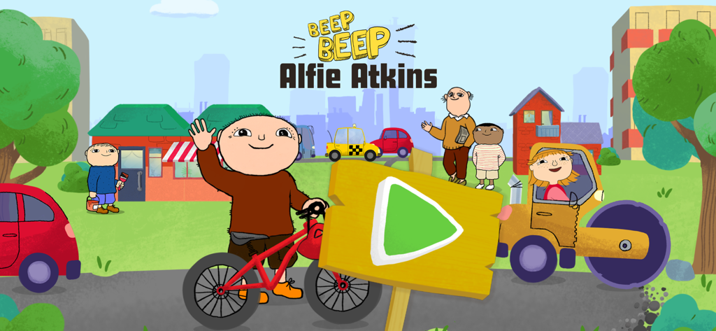 Beep beep Alfie Atkins - Kids - Alfie Atkins on a bicycle next to a large wooden play button sign in a colorful cartoon city.