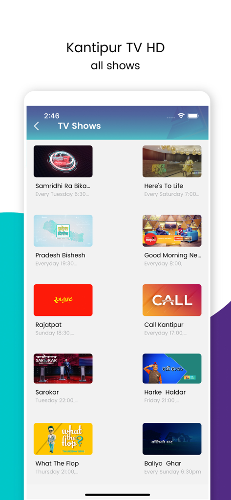 Kantipur TV HD - A list of Nepali TV shows available on the Kantipur TV HD mobile app including news, satire, and dramas.