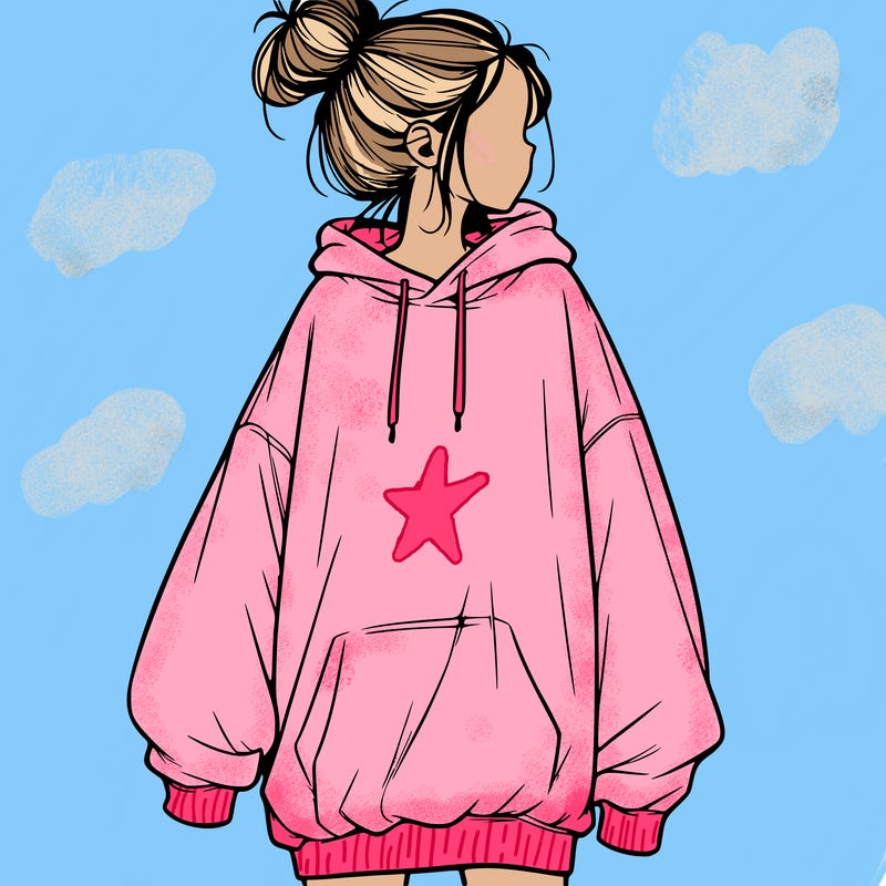 realistic girl with a oversized sweatshirt on and a bun