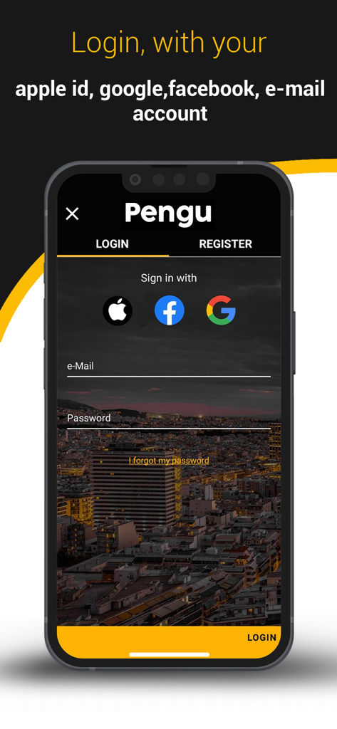 Pengu App Login-Bildschirm mit Anmeldeoptionen für Apple, Facebook, Google und E-Mail.