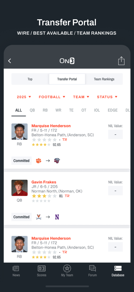 On3 App - On3 App interface showing college football transfer portal player rankings and team commitments