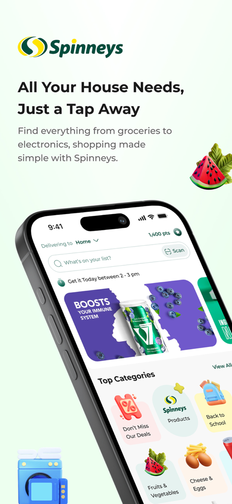 SPINNEYS ONLINE SHOP - Spinneysモバイルアプリのインターフェース、食料品のカテゴリと配達状況を表示