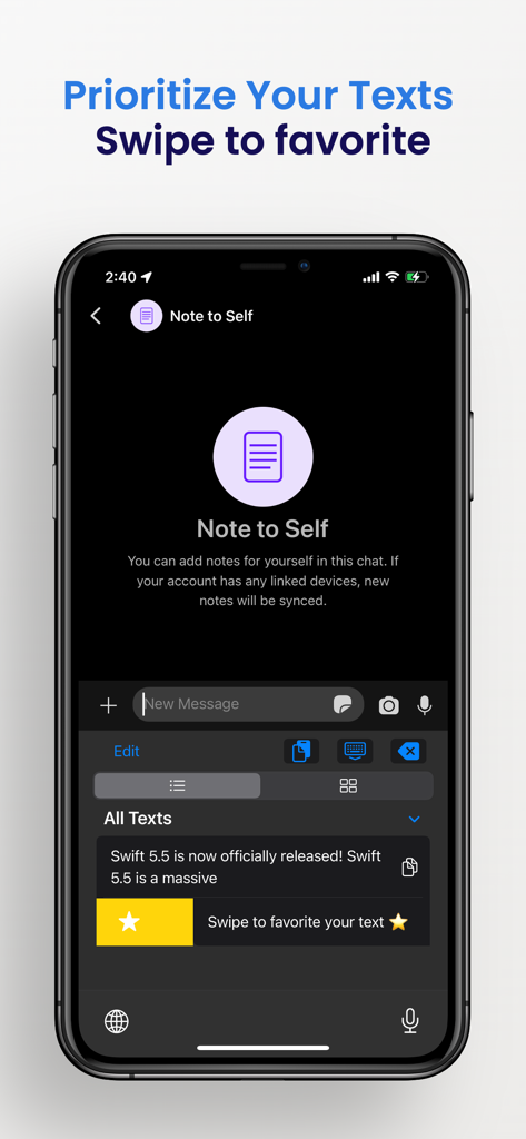 Interfaz de la aplicación Clipboard que muestra cómo marcar un fragmento de texto como favorito en el iPhone