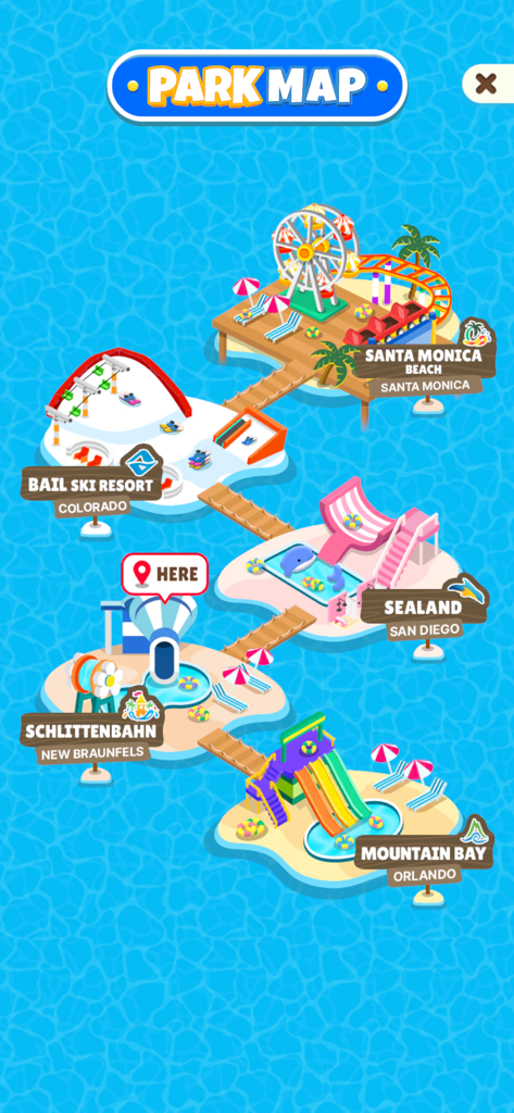 WaterPark Boys - Mapa isométrico del parque que muestra ubicaciones desbloqueables de parques acuáticos como Santa Monica Beach y Mountain Bay.