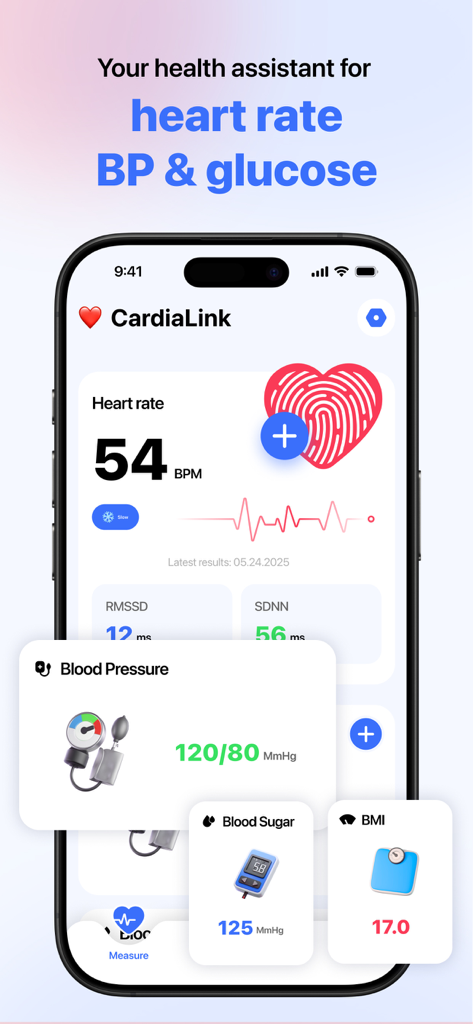 CardiaLink-Heart rate&Health - Interface de l'application CardiaLink affichant le rythme cardiaque, la tension artérielle et les niveaux de sucre dans le sang