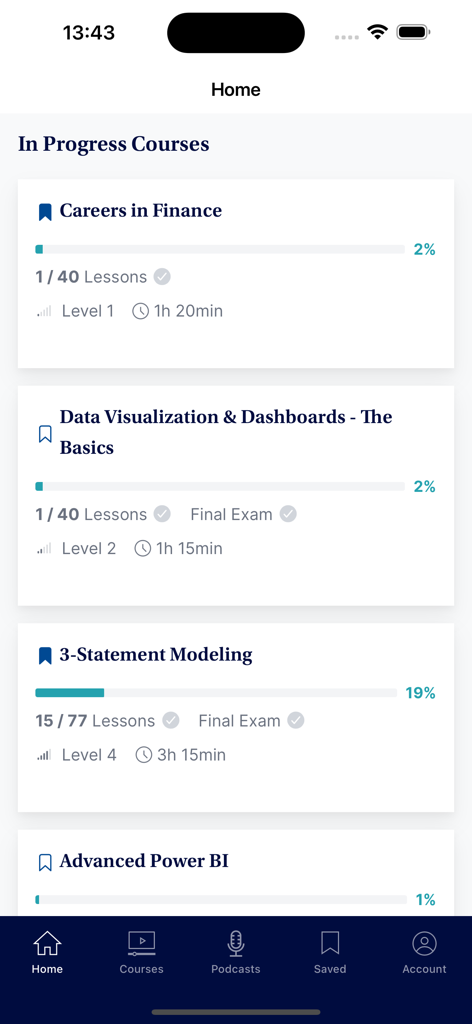 CFI: Real-World Finance - CFI App-Startbildschirm, der den Fortschritt in Kursen für Corporate Finance und Modellierung zeigt