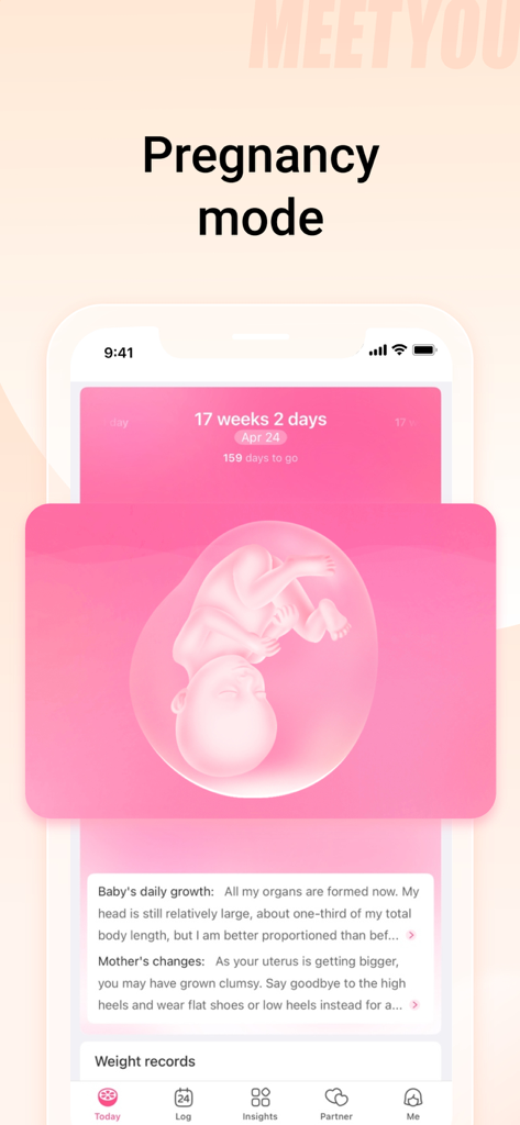 Interfaz de la aplicación MeetYou en modo de embarazo que muestra el seguimiento del crecimiento del bebé a las 17 semanas