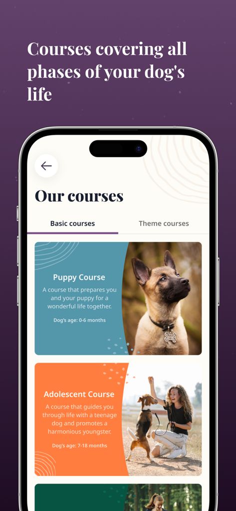 Petli:Dog Training & Community - Petli mobile app screen showing dog training courses for puppies and adolescent dogs
