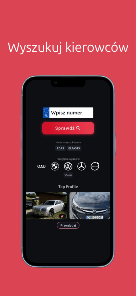 Carify mobile app interface showing the license plate search bar and car brand navigation for automotive enthusiasts.