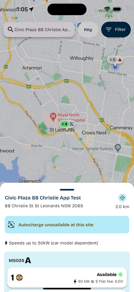 Evie Charging - Evie Charging app map view showing a charging station location with status and speed.