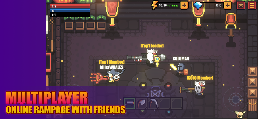 Gameplay multiplayer online 2D pixel art di Shooting Survival che mostra quattro giocatori che fanno squadra in un dungeon.