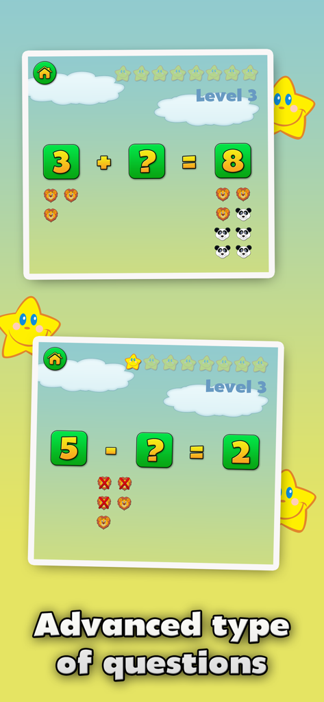 Math Joy - Kids Learning Games - Math Joy app gameplay showing advanced addition and subtraction problems with animal visual aids