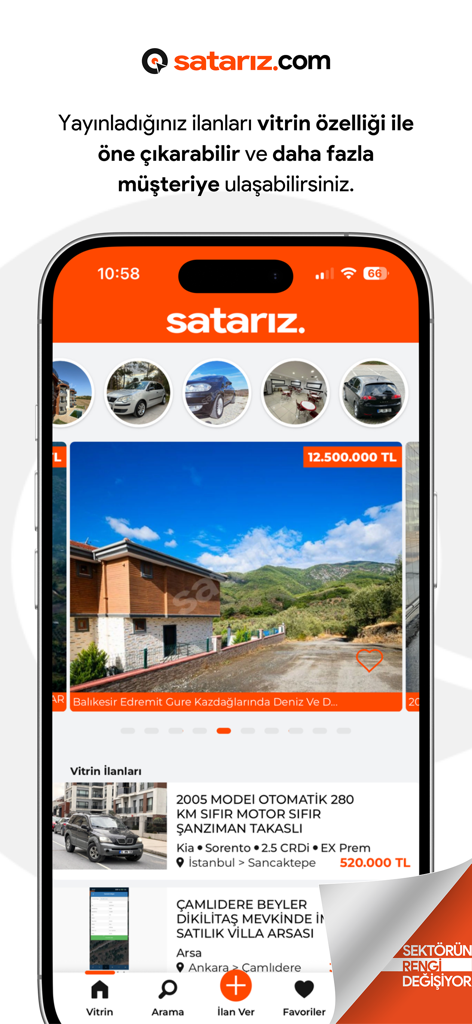 satarız. - Satariz mobile app interface displaying real estate and vehicle listings with a showcase feature