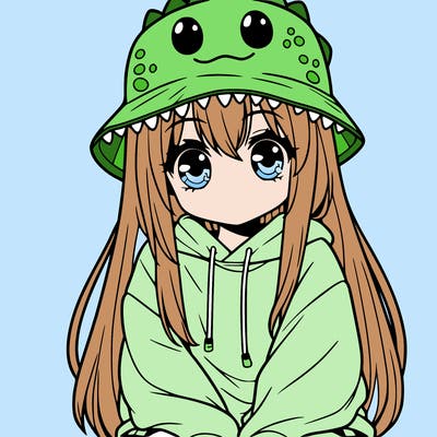 girl with anime shaped eyes with a dinosaur bucket hat oversized sweatshirt long straight hair