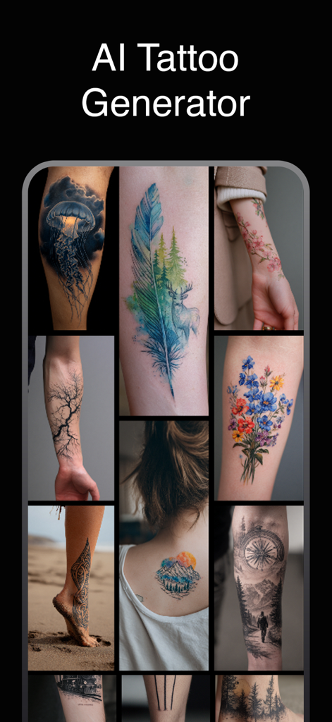 Ink.Art: Tattoo AI Generator - A collage showing various AI-generated tattoo designs like flowers, landscapes, and animals on different body parts.