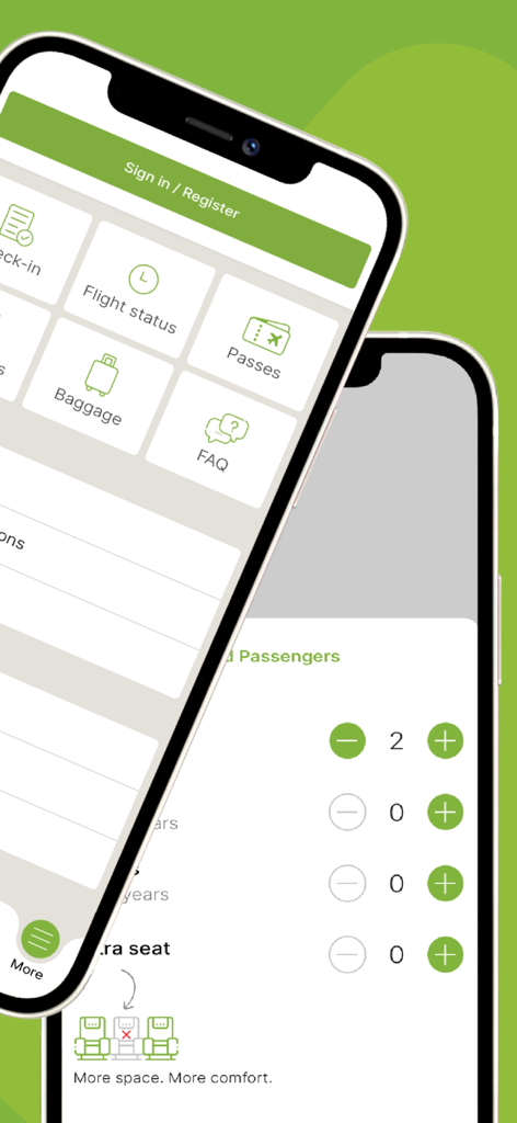 SalamAir - Interfaz de la aplicación móvil SalamAir que muestra iconos de gestión de vuelos y opciones de selección de pasajeros