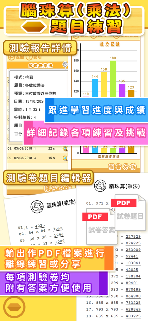 顯示珠心算乘法進度報告和PDF試卷生成功能的介面