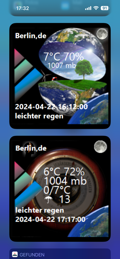Interface of the Barometer antique app displaying weather data and an analog pressure gauge.