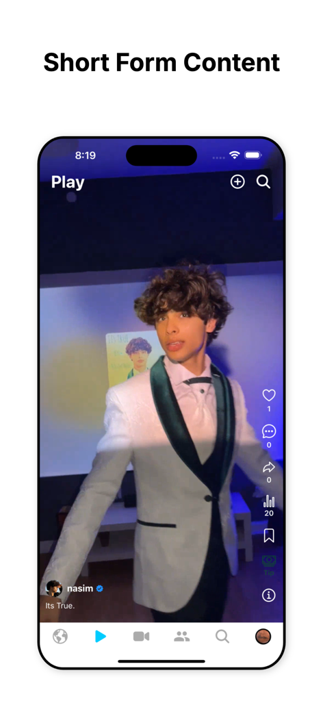 Trinity Social - Interface of the Trinity Social app showing a short-form video from a creator.