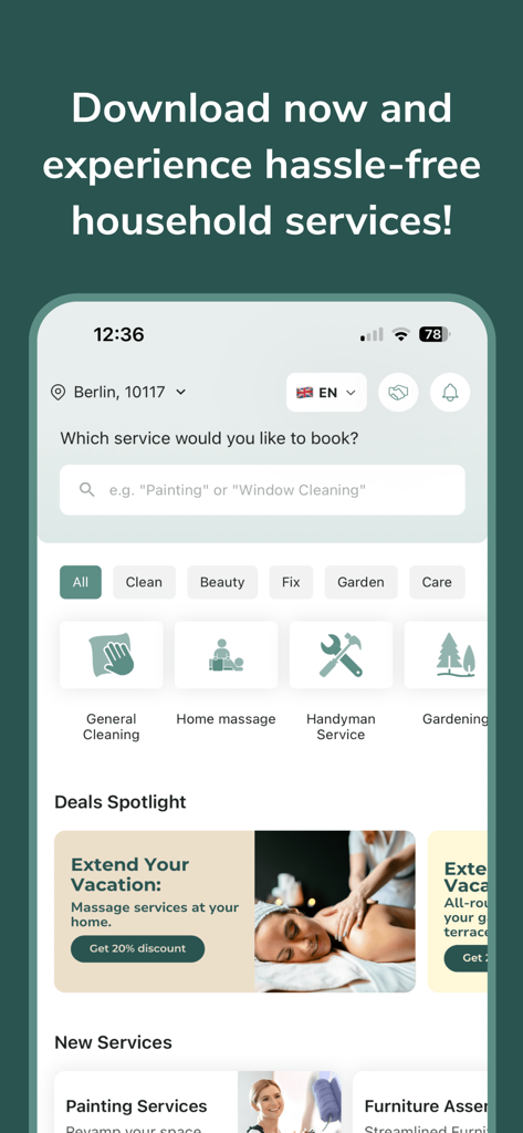 The Helpling app interface displaying various home services like general cleaning and home massage with a search bar and deals section.
