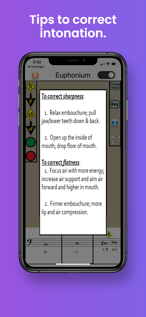 ユーフォニアムのシャープネスとフラットネスを修正するための技術的なヒントを表示するモバイルアプリ画面