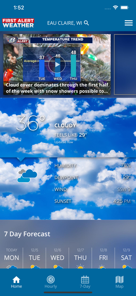 WEAU 13 First Alert Weather app home screen showing current temperature and 7 day forecast for Eau Claire Wisconsin