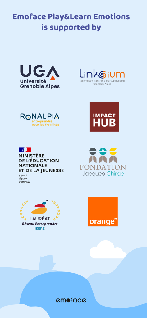 EMOFACE Play & Learn emotions - A list of organizations supporting Emoface including the French Ministry of Education, Orange, and Universite Grenoble Alpes.