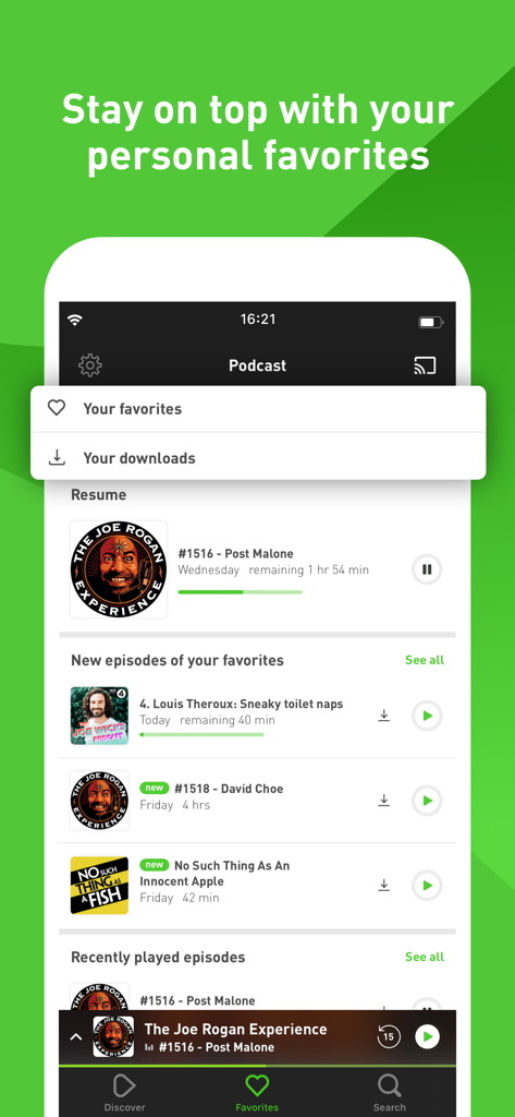 GetPodcast - Podcast Player - GetPodcast-Mobile-App-Oberfläche mit einer Liste von Lieblingspodcasts und neuen Episoden.