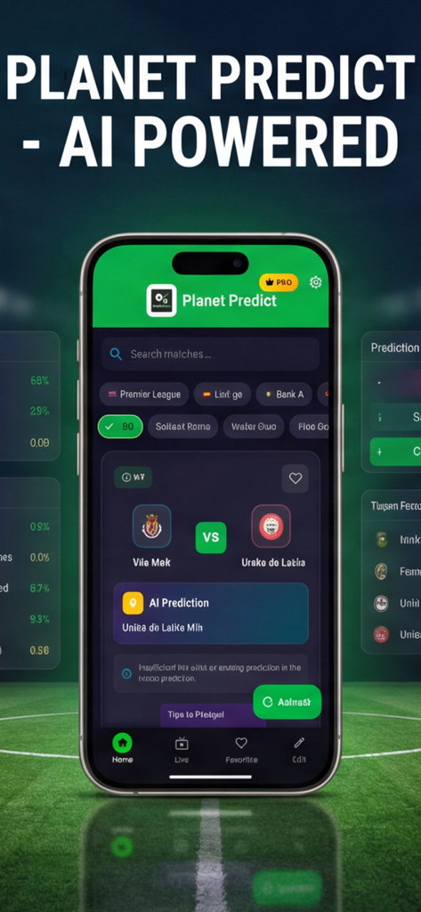 Live Scores & Predictions - PlanetPredict App-Oberfläche mit KI-Fußballvorhersagen und Live-Ergebnissen auf einem Smartphone.