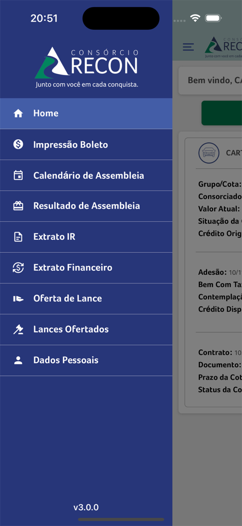 Meu Consórcio Recon - Side navigation menu of the Meu Consórcio Recon app featuring various financial and consortium management options.