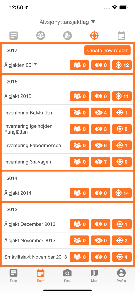 Easyhunt - Interface of the Easyhunt app displaying a historical list of hunting reports organized by year