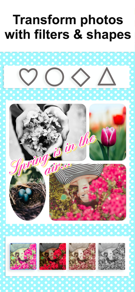 Une interface de collage photo présentant des images sur le thème du printemps avec des options de filtre et des formes géométriques