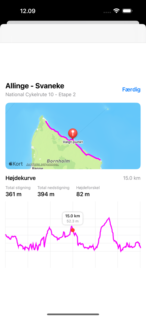 Bike Routes on Bornholm - Karte und Höhenprofil der Fahrradroute Allinge nach Svaneke auf Bornholm