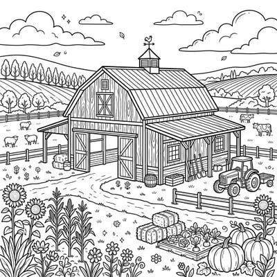 Step into a picturesque farm setting with this intricate pole barn coloring page, brimming with delightful details from rural life. From grazing animals to bountiful crops and a trusty tractor, this full scene offers endless creative possibilities.