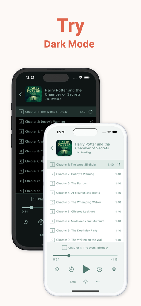 BookPlayer: MP3/M4B/M4A/MP4 - Interfaccia dell'app BookPlayer che mostra l'elenco dei capitoli degli audiolibri in modalità chiara e scura.