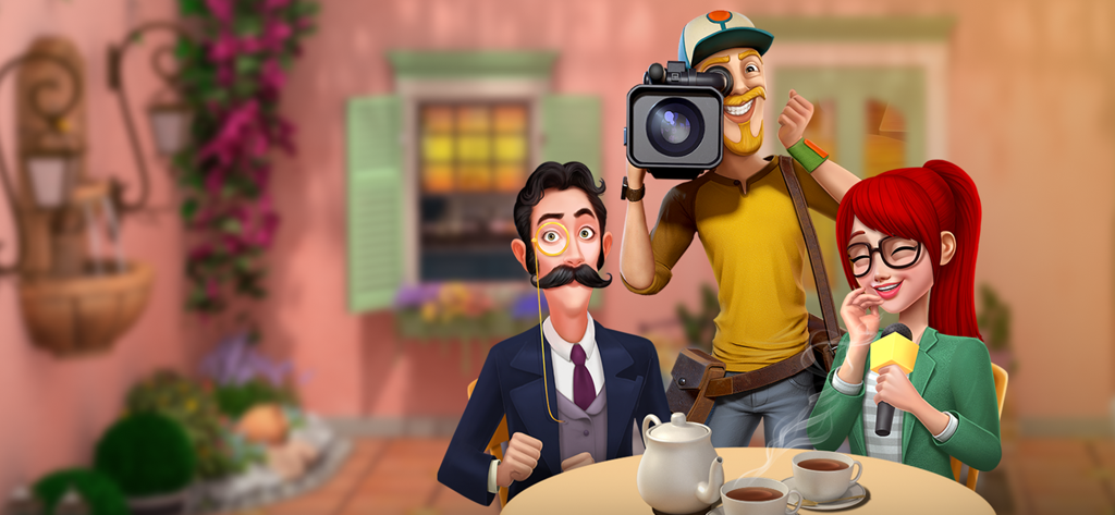 Roomflip: Design TV Show Game - Roomflip game characters Rex and Zara filming a home design TV show episode