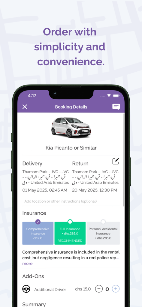 Mobile app screen showing car rental booking details for a Kia Picanto including delivery and insurance options