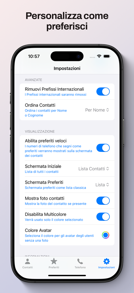 Settings menu of the Corporate Call app on iPhone showing options for international prefixes and display customization