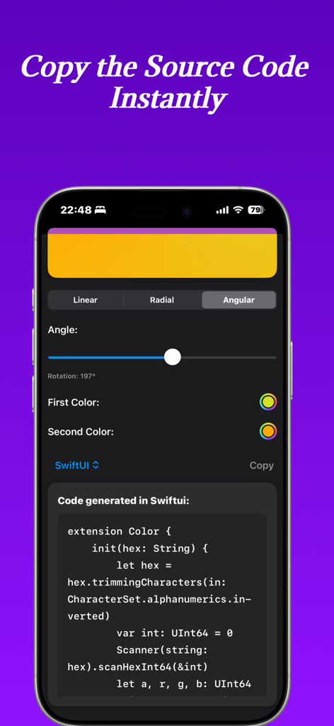 Eine mobile App-Oberfläche, die einen Winkelverlauf-Editor und seinen generierten SwiftUI-Quellcode anzeigt, der zur Kopie bereit ist.