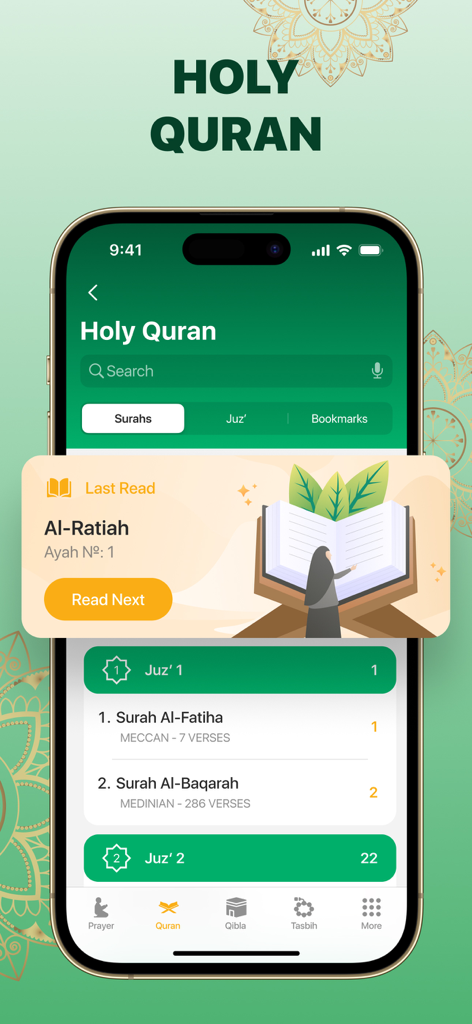 Holy Quran screen of the Muslim Prayer Times app with surah list and reading progress