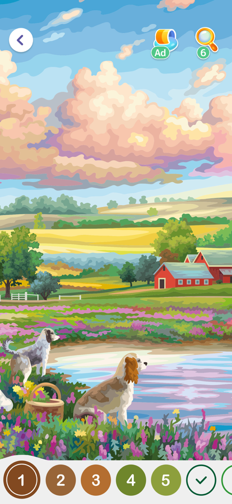 ヘイカラーアプリの平和な風景の塗り絵。池のそばに犬と夕日の赤い納屋が描かれている