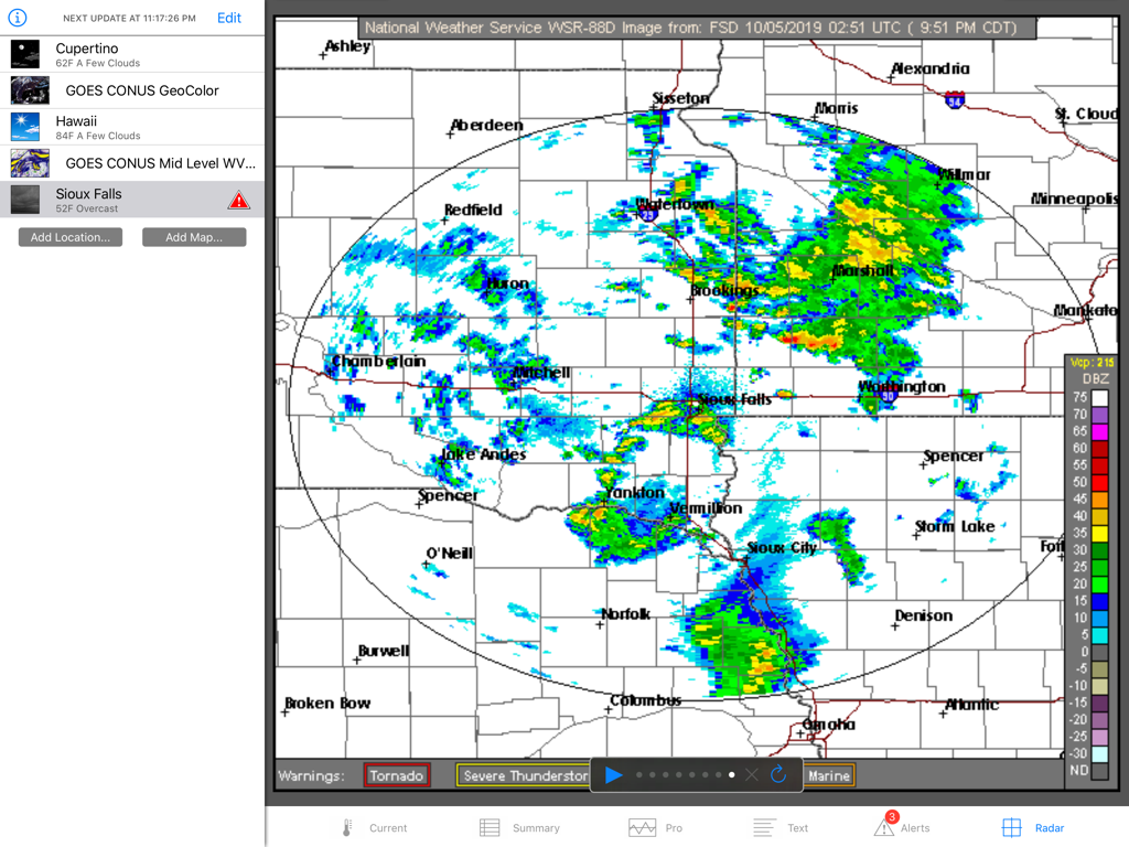 Wx for iPad - Pantalla técnica de radar NEXRAD que muestra niveles de precipitación y alertas meteorológicas en Wx para iPad.