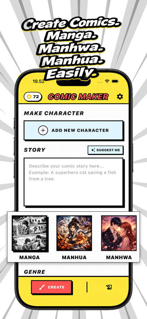 AI Comic Maker: Manga & Manhwa - AI Comic Maker mobile app interface for creating Manga and Manhwa stories