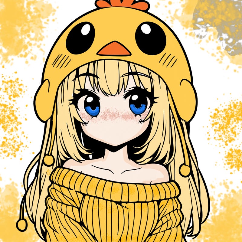 anime girl with chick shaped hat with sweater with bare shoulders with bangs covering them one eye with low tail