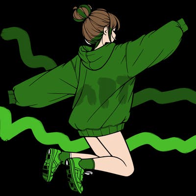 realistic girl jumping with a bun and oversized sweatshirt