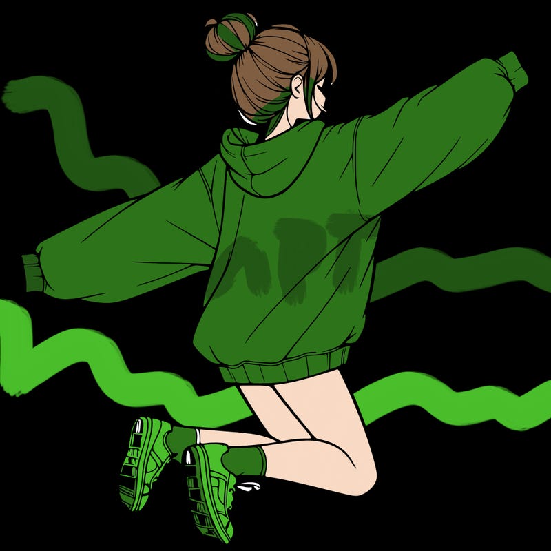 realistic girl jumping with a bun and oversized sweatshirt