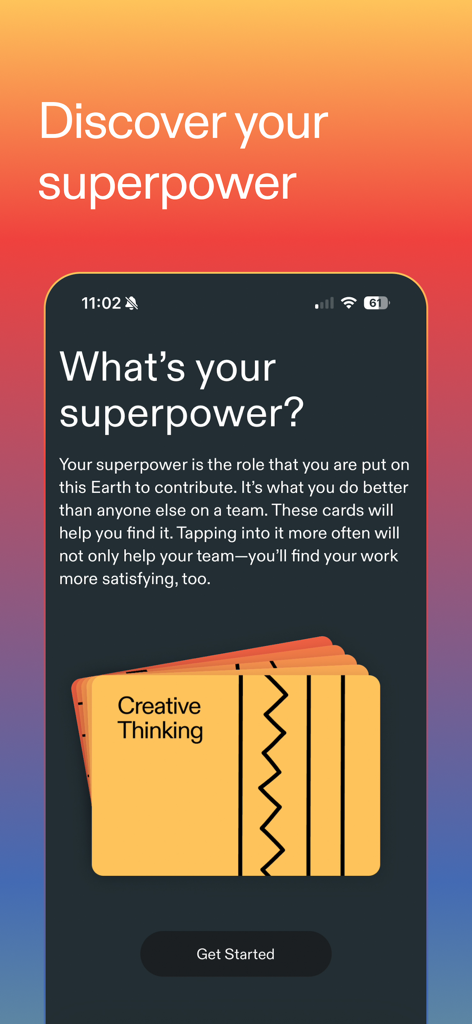 Welcome screen of the Superpowers app asking what is your superpower with a creative thinking card illustration.