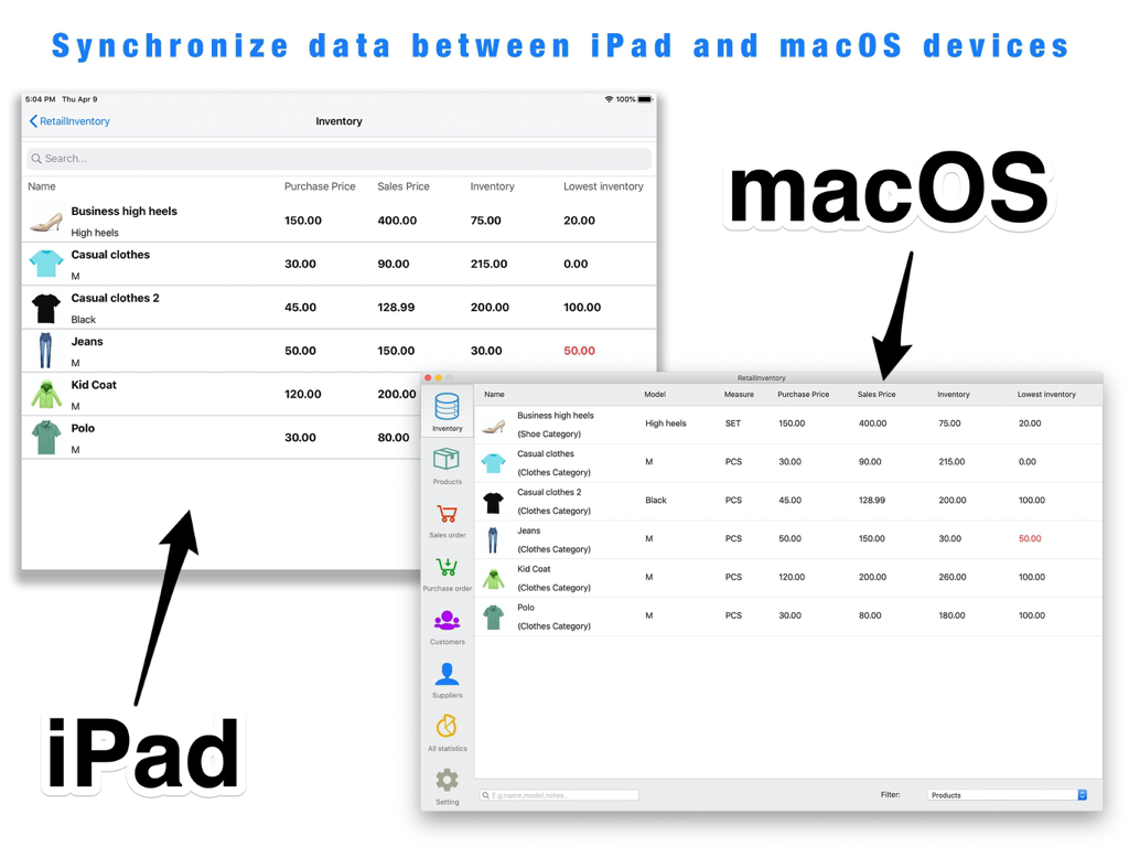 Retail Inventory+Order Manager - Retail Inventory and Order Manager showing data synchronization between iPad and macOS apps