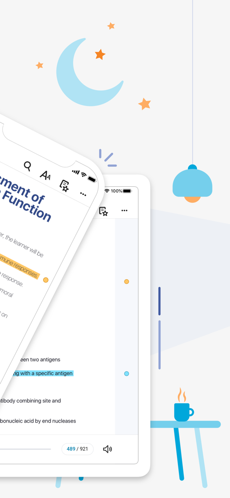 複数の画面にハイライトと学習ツールが表示されたデジタル教科書を表示するBookshelfアプリ
