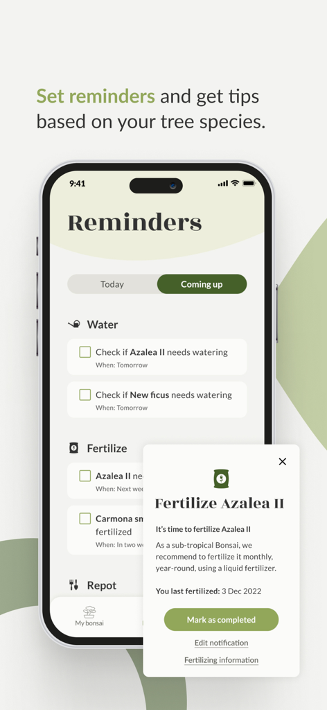 Bonsai Care App - Smartphone screen showing the Reminders section of the Bonsai Care App with tasks for watering and fertilizing specific trees